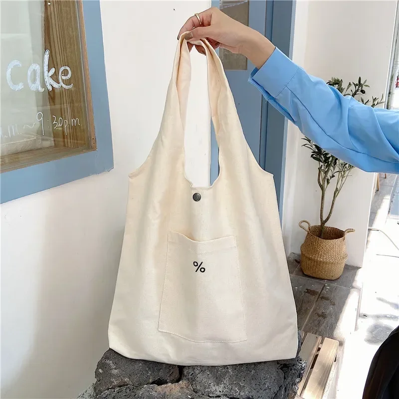 New Student Canvas Shoulder Bag women\'s Fashion Simple Handbag Shopping Large Capacity Embroidered Pattern Reusable Shopping Bag