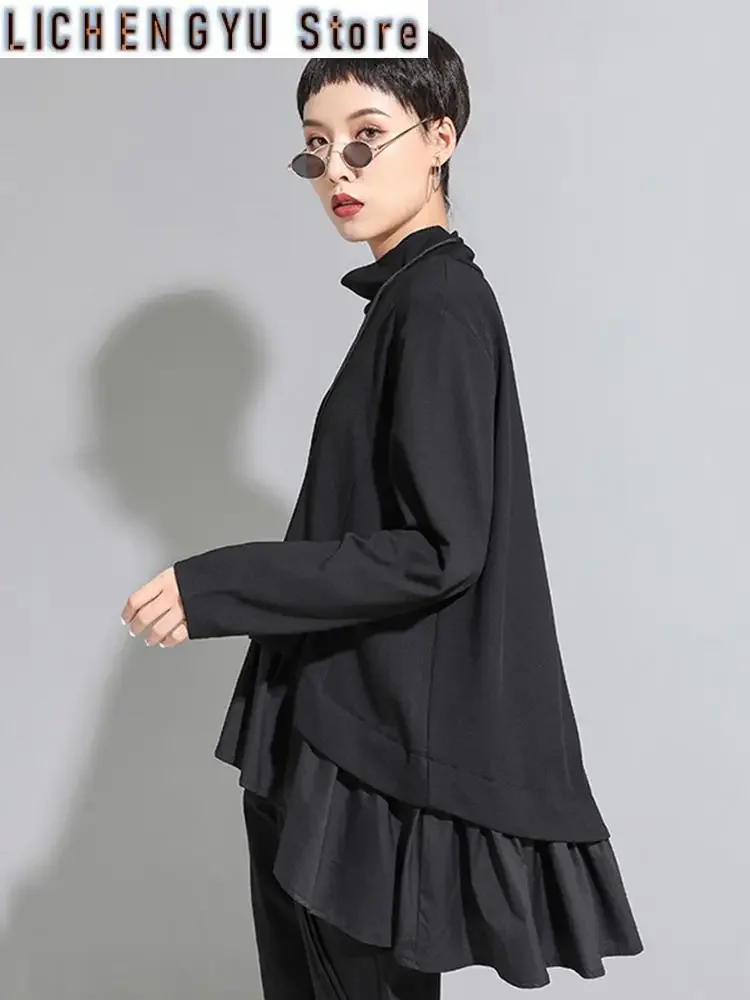 Loose Fit Asymmetrical Ruffles Sweatshirt New High Collar Long Sleeve Women Big Size Fashion Tide Spring Autumn
