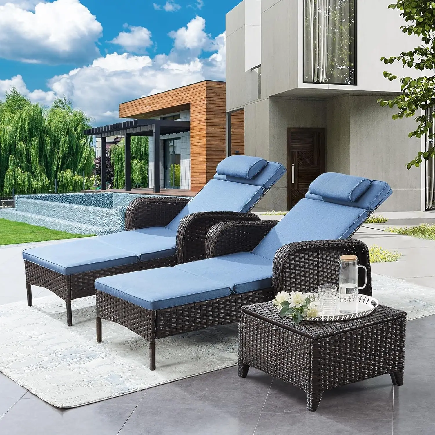 Chaise Lounge Patio Recliner - 75 Inch Adjustable Wicker Chaise Lounge with Soft Pillow Removable Cushions, All Weather Rattan P