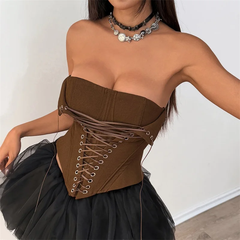 

Sexy New Fashion Women Strapless Corset Top Vintage Lace-Up Bustier Corset Top Adjustable Back Lacing Party Ourerwear In Stock