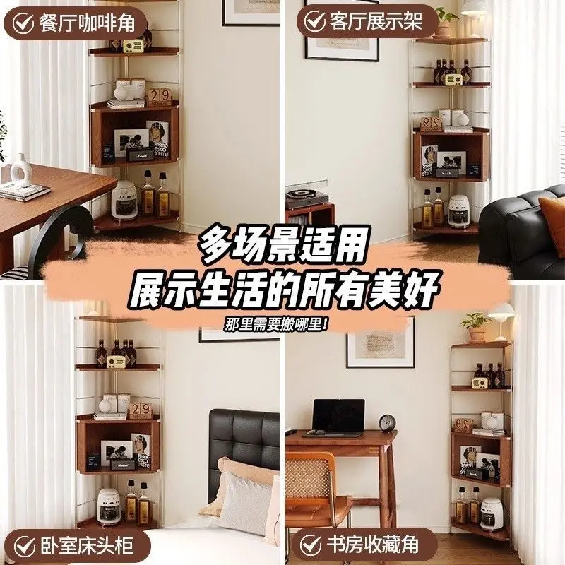 Medieval solid wood corner rack stainless steel triangular display cabinet living room sofa storage rack bedroom bookshelf