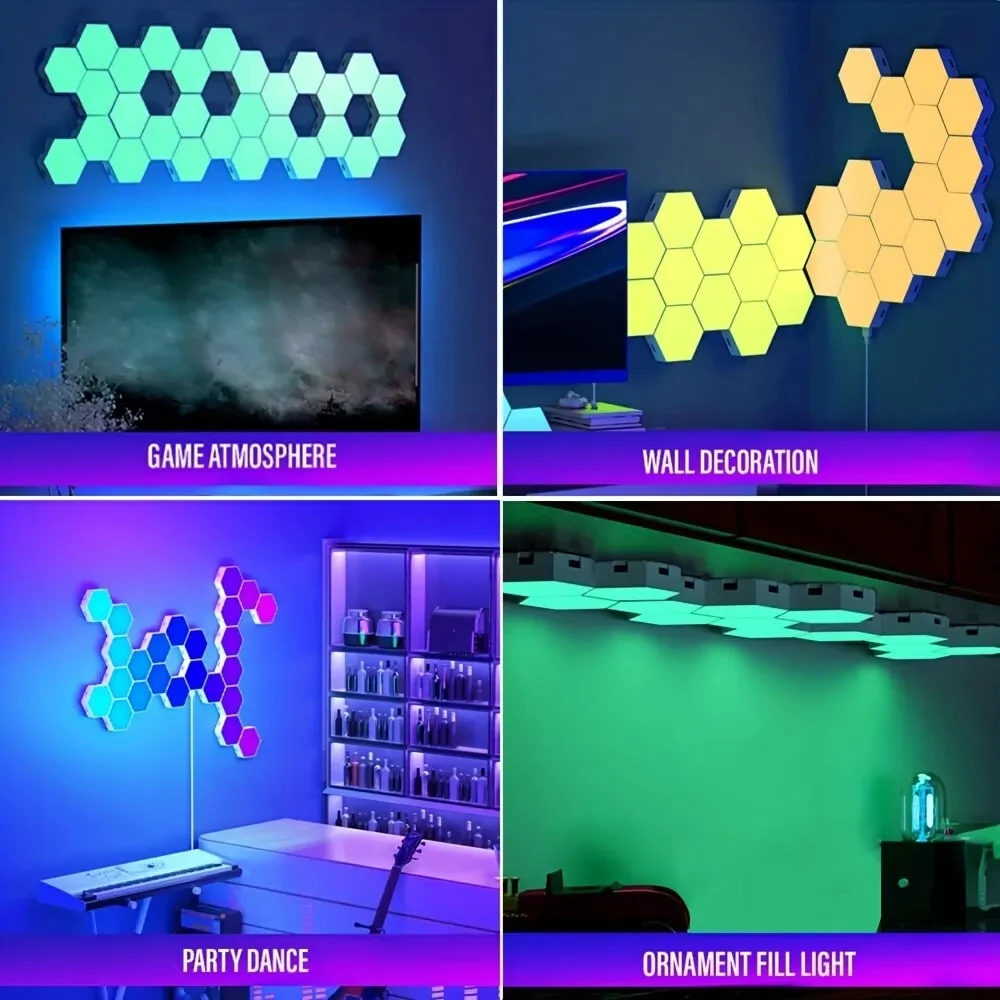 Imagem -06 - Rgb Lâmpada de Parede Hexagonal Inteligente Mudança de Cor Luz Noturna Ambiente Forma Dyi Música Ritmo App Controle para Sala de Jogos Quarto