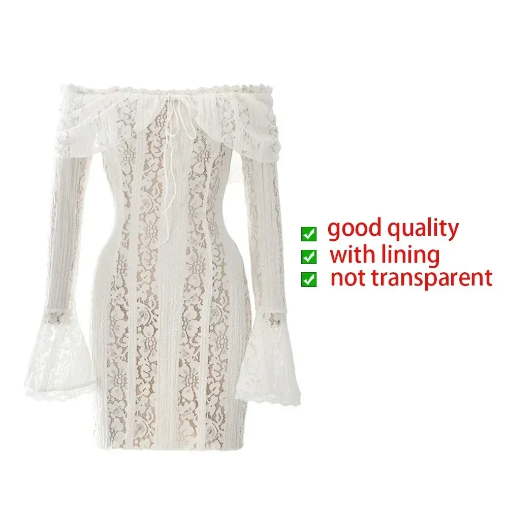 Oligai Lace Slim Mini Dress for Women Off The Shoulder Sexy Long Sleeves Club Party Dresses Bodycon Elegancka jesienna sukienka