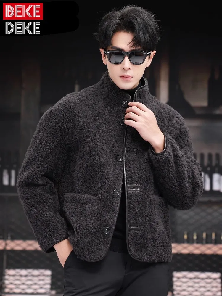 

Зимнее мужское пальто из натуральной шерсти, модное повседневное однобортное пальто с воротником-стойкой, свободная верхняя одежда, высококачественная куртка для стрижки овец