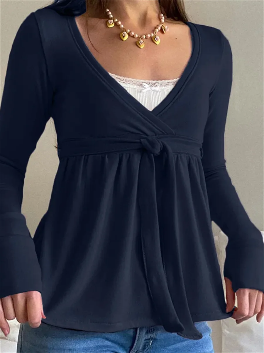 

Women Spring Fall Ribbed Wrap Shirt Tops Long Sleeve V Neck Tie-up Retro Loose Hem Casual Shirts Streetwear