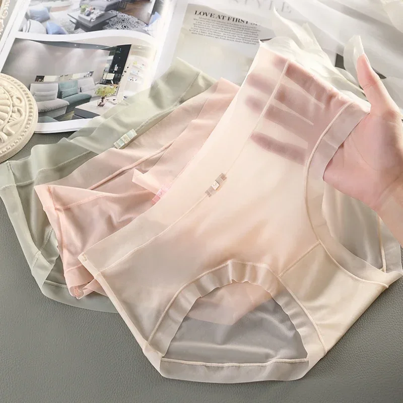 순수한 욕망 시원한 느낌 흔적 없는 여성 투명 팬티, 미디엄 하이 가랑이 섹시, 편안하고 부드러운 아이스 실크 팬티