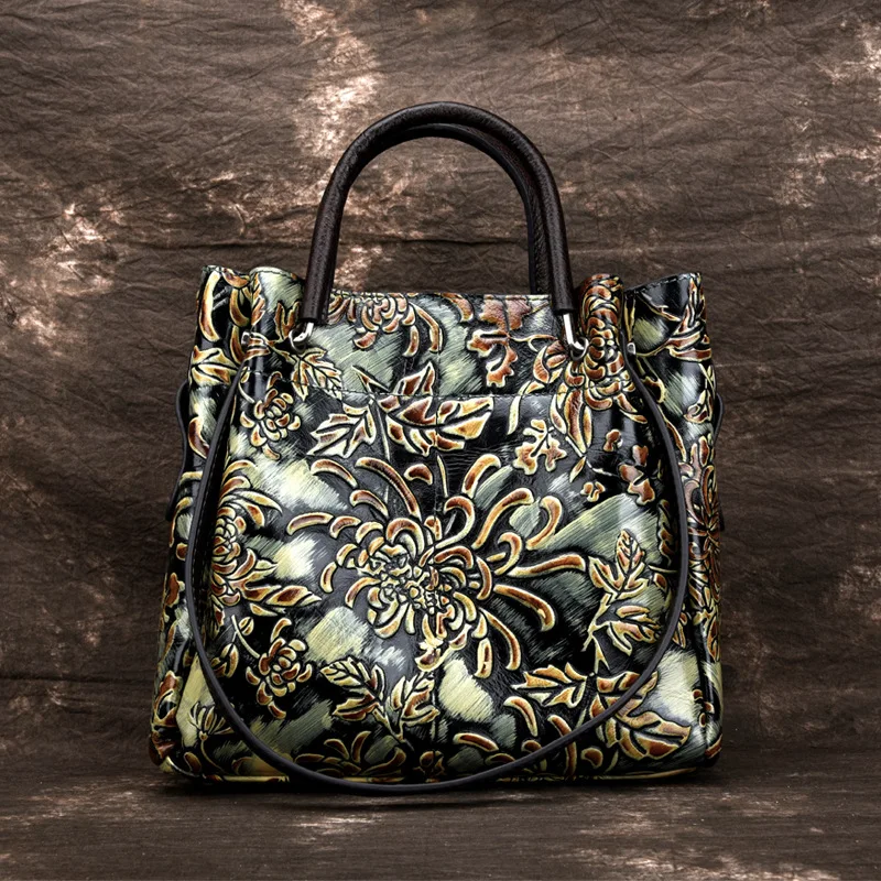 Retro Women Bag Genuine Leather Shoulder Bags For Women Vintage Embossed Top-handle Bag Ladies Floral Tote Bags Female