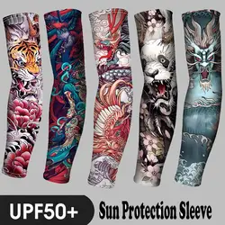 1PCS 2024 New Men Long Fake Warmers Summer Tattoo Sleeves Sun Protection Cover Outdoor Gloves Driving Ice Silk Arm Sleeves Women