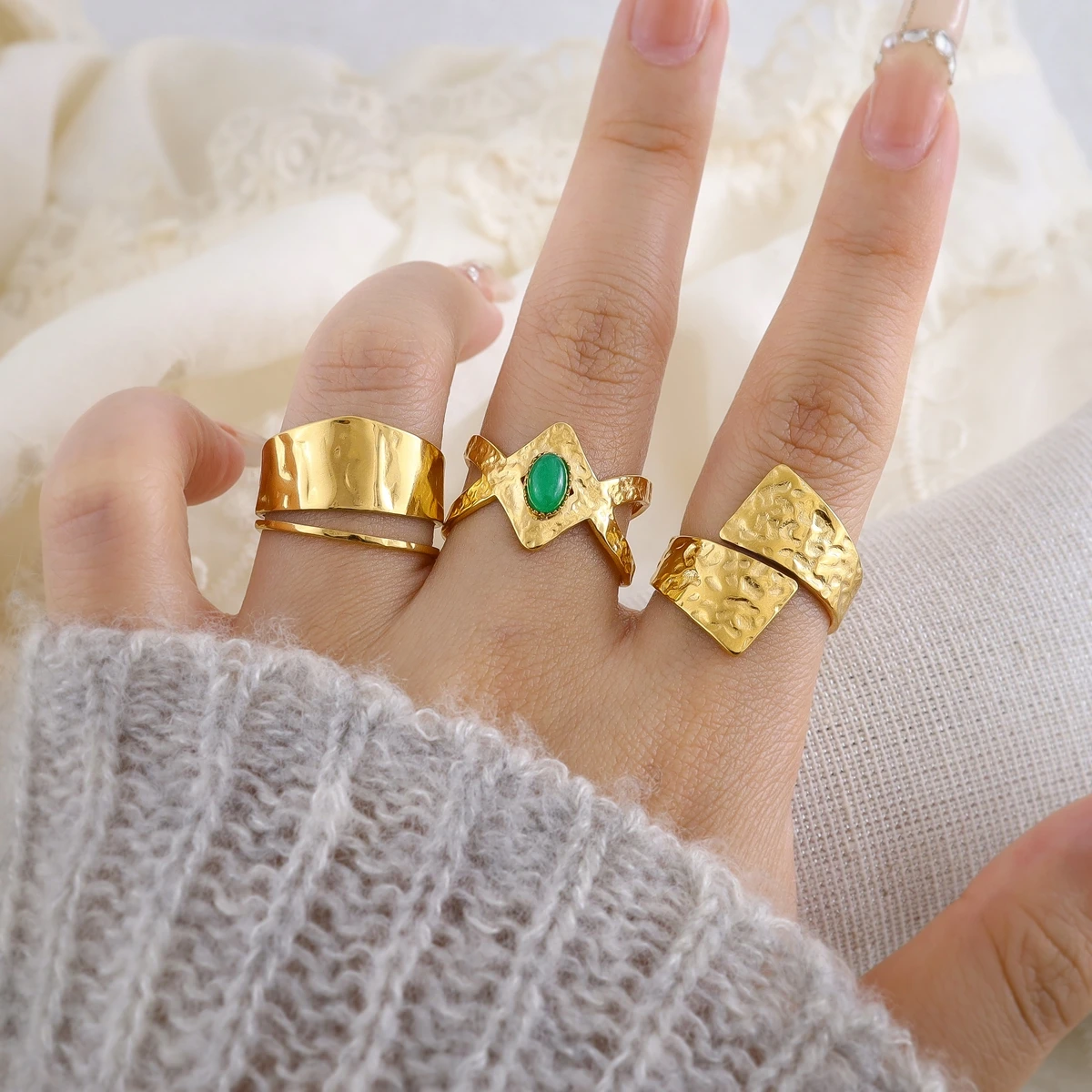 WILD & FREE Trendy Irregular Stainless Steel Rings for Women Retro Luxury Chic 18K Gold Plated Waterproof Jewelry