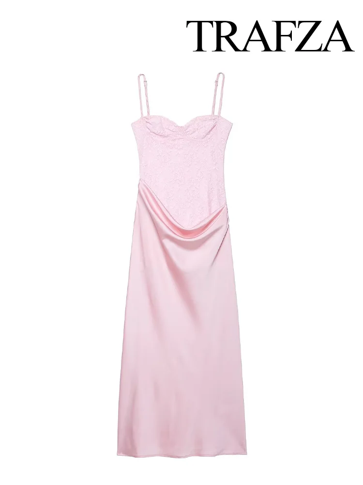 여성 여름 패션 V넥 슬림 레이스 새틴 백리스 스플라이싱 장식 롱 드레스 여성 우아한 민소매 미디 드레스