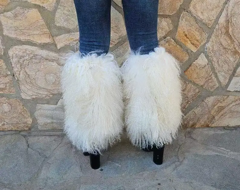 Custimzied size Real Mongolian Fur leg cuffs, leg warmers boot view 6