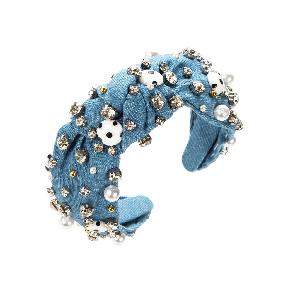 Fashion New Football Series Headband Personalized Baroque Hand Sewn Crystal Diamond High Skull Top Headband 4