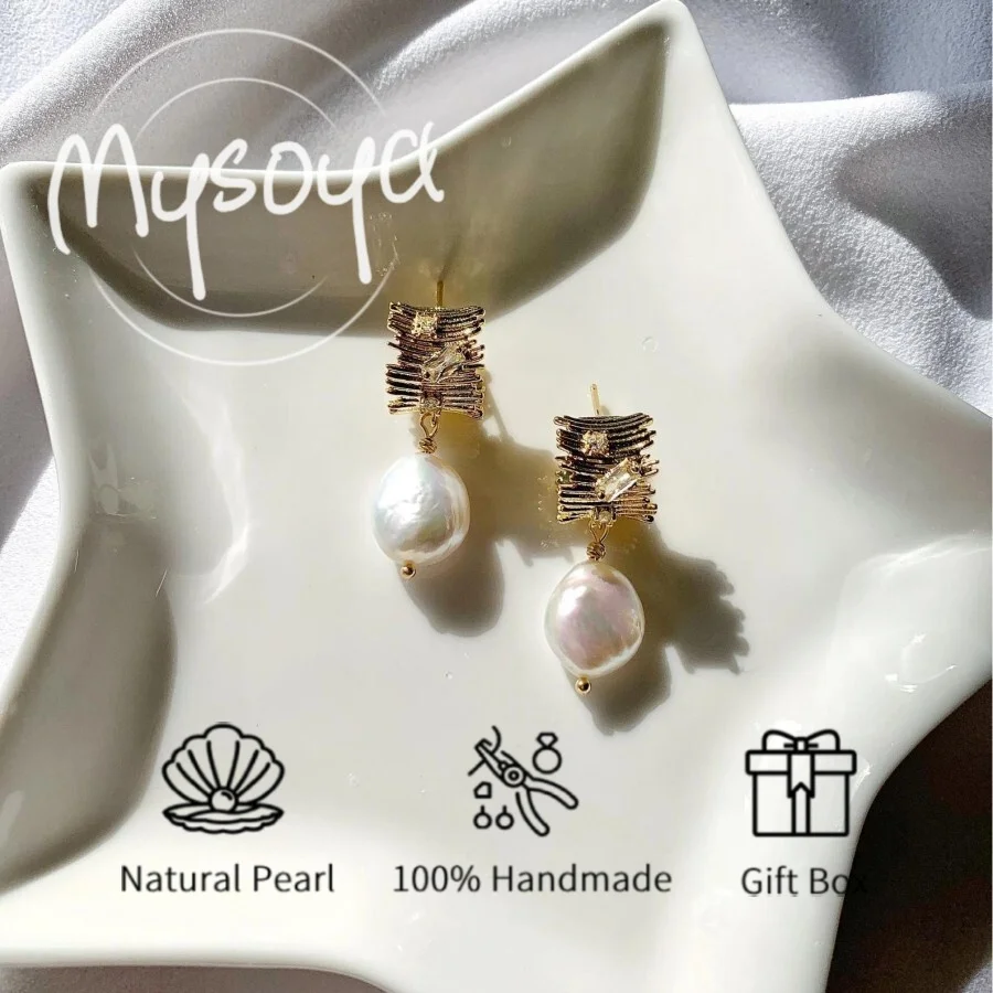 

MYSOYA 7-8mm Natural White Baroque Freshwater Pearl Earrings Crinkle C Shape Design Gift Box Birthday Wedding Anniversary Gift