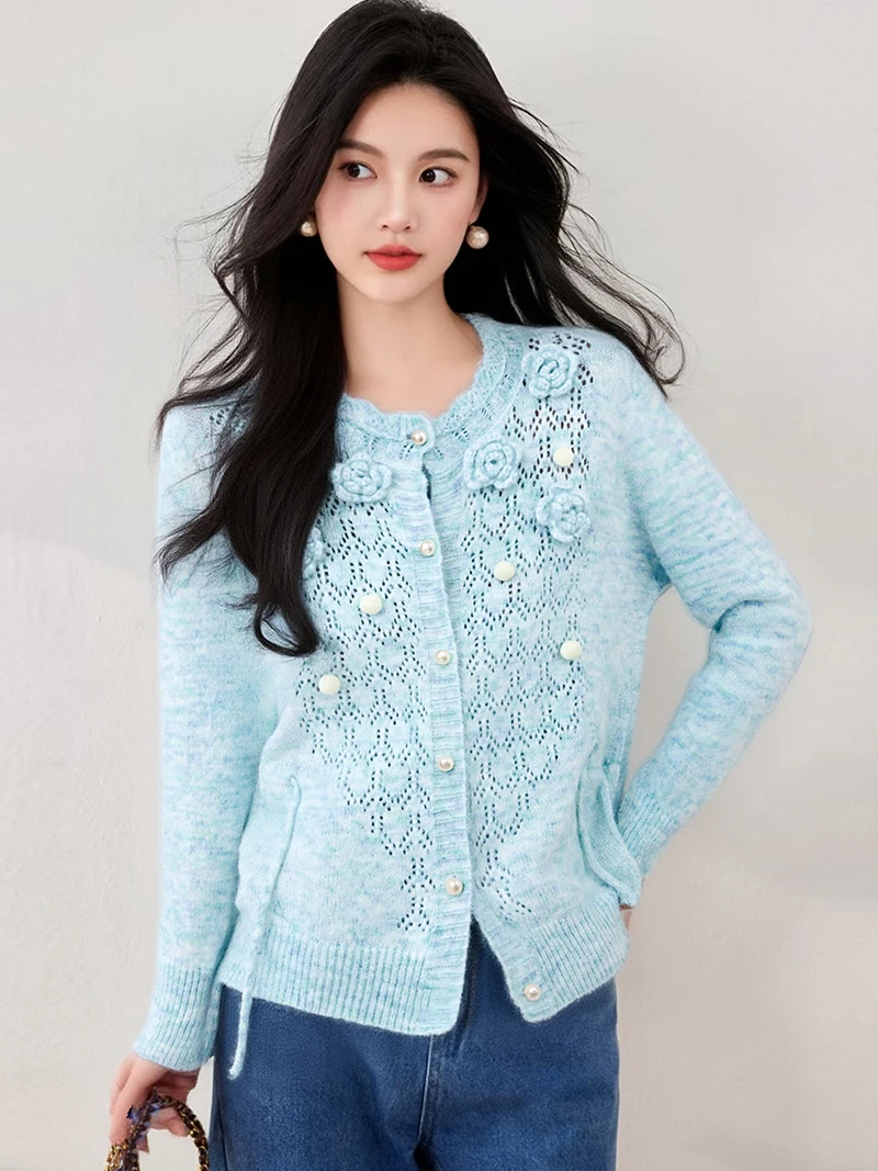 

New,European,Clothes,Fall,Winter,Sweater,Fashion,Sexy,Hollow out,3D,Flower,Women,Long Sleeve,Knitted,Cardigan,Button,Tops,510066