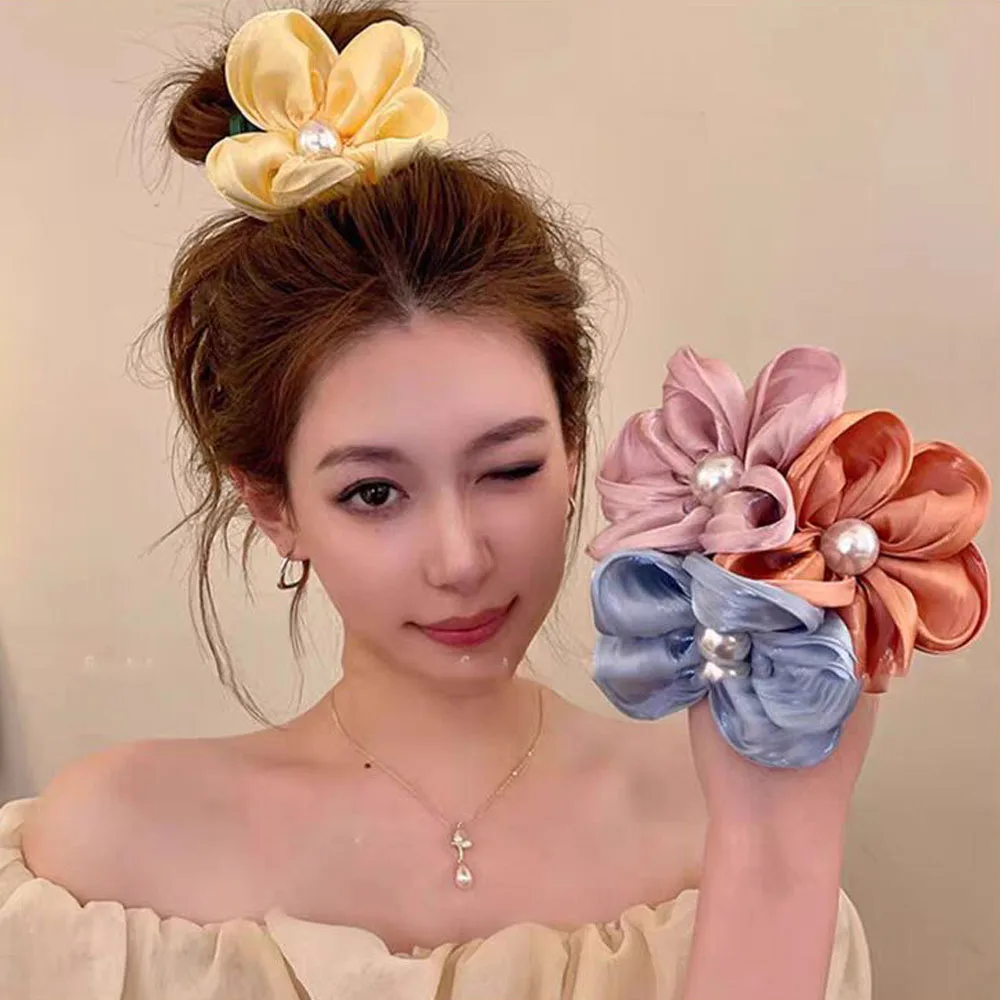 Silk Colored Flowers Elastic Rubber Fashion Pearl Hair Ties Scrunchies Bands Ponytail Holder Sweet Head Ropes Hair Accessories