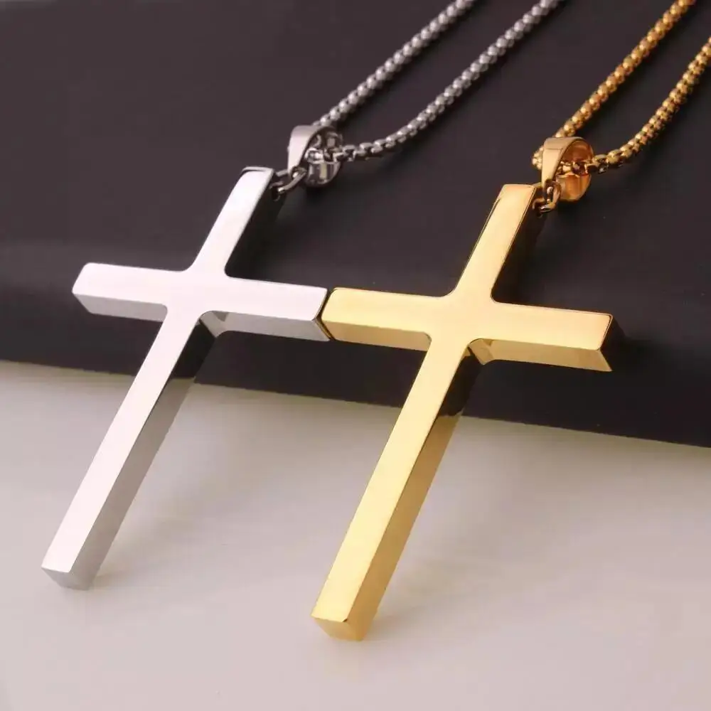 

New Simple Gold Tone Silver Color Stainless Steel Rock Punk Big Cross Pendant Chain Necklace For Men Women