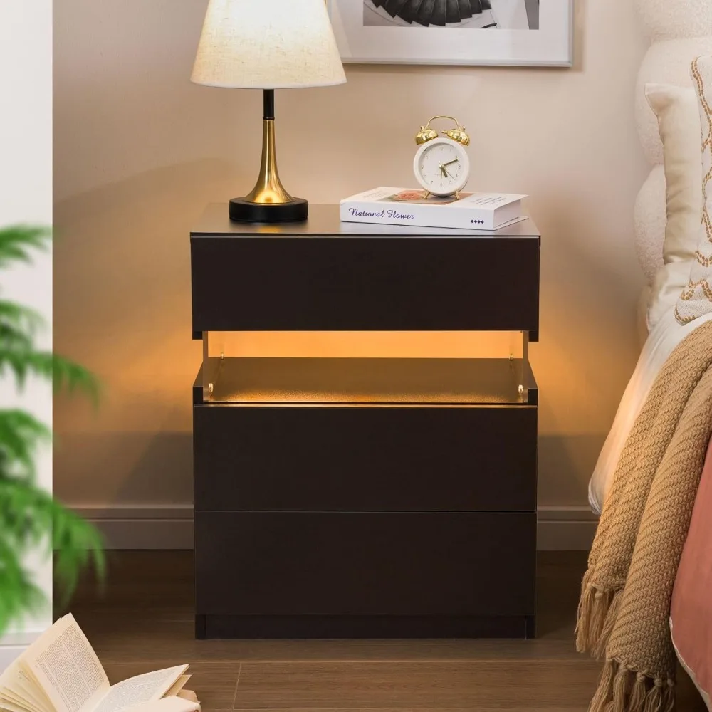 led nightstand black nightstand for bedroom bedside table with 3 drawers modern side tables bedroom
