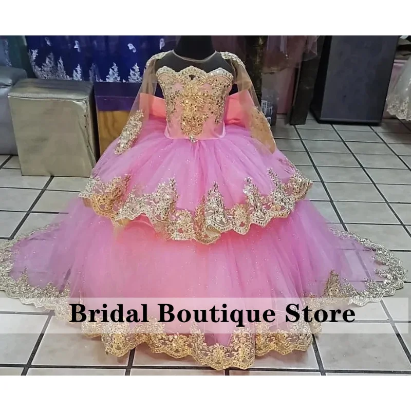 

Pink Flower Girl Dress for Wedding Gala Dress for Kids Gold Applique Birthday Party Ball Gowns Elegant Customized