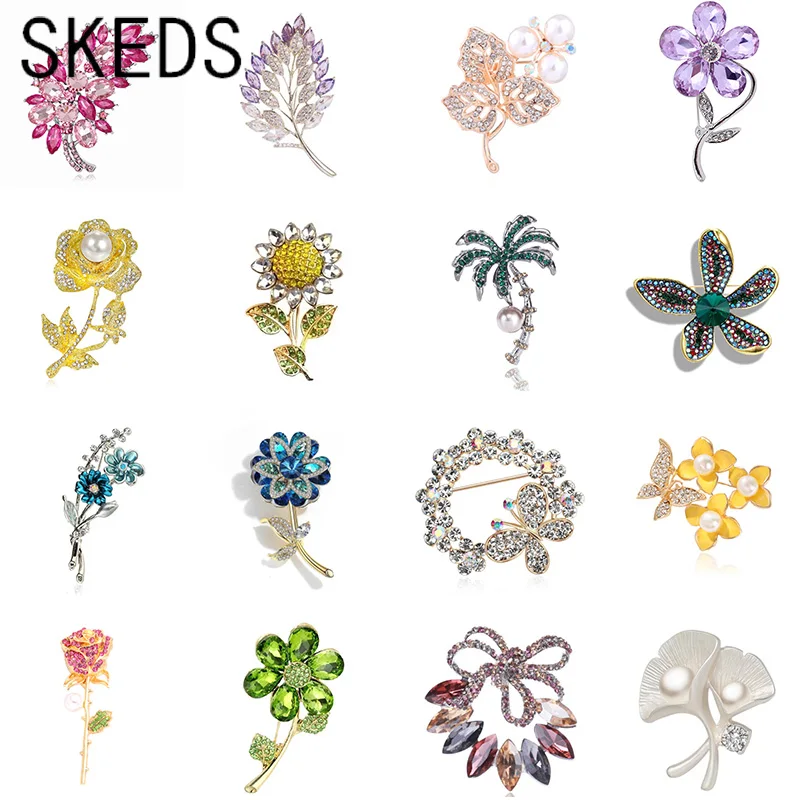 SKEDS Women Elegant Plant Flower Metal Brooches Corsage Fashion Rhinestone Pearl Badges Jewelry Vintage Lady Brooch Pin Gift