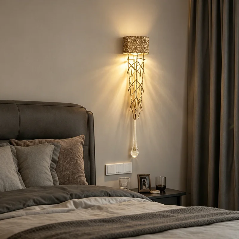 Bedside Crystal Wall Scone Lamp For Bedroom Stairs Living Room Luxury Gold Water Drop Glass Bedside Interior Crystal Wall Lights