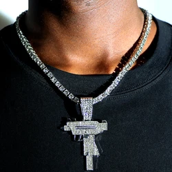 Silver Color Iced Out Crystal UZI Gun Pendant Necklace For Women Men Punk 5MM Tennis Choker Necklaces Pistol Long Chain Jewelry