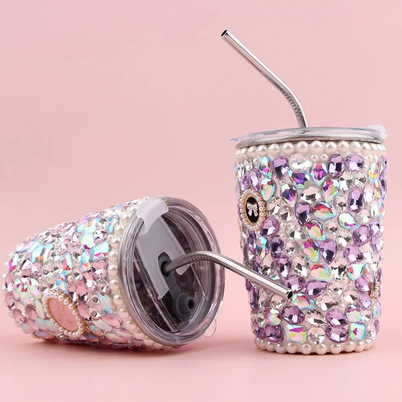 Luxury Diamond Stainless Steel Drink Cup With Straw Water Bottle Coffee Mugs Sparkling Crystal Thermos Keep Cold Tumbler Flasks