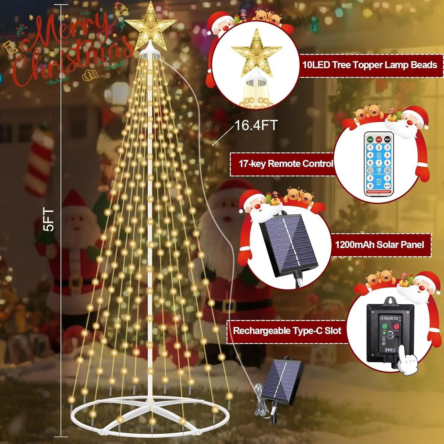 Luci solari per albero di Natale a LED da 5 piedi con telecomando, 8 modalità, ricarica USB, timer e impermeabile per decorazioni esterne