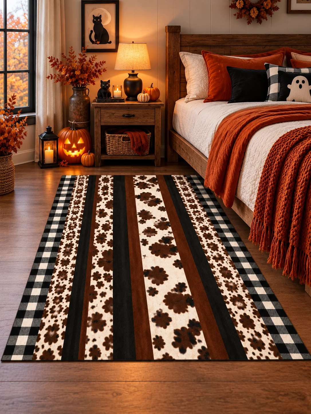 Halloween Farmhouse Area Rug, Black White Buffalo Plaid Border with Brown Cow Print and Dark Stripes, Soft Flannel Floor Carpet, Rustic Western Style Seasonal Decor, Cozy Statement Rug for Bedroom, Living Room, Fall Home and Halloween Party