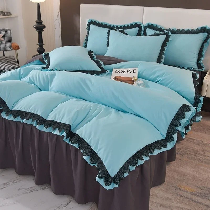 

Luxury Solid Color Bedding Sets Princess Style French Lace Duvet Cover Bed Skirt Bedclothes For Girls 4 Piece Home Textiles