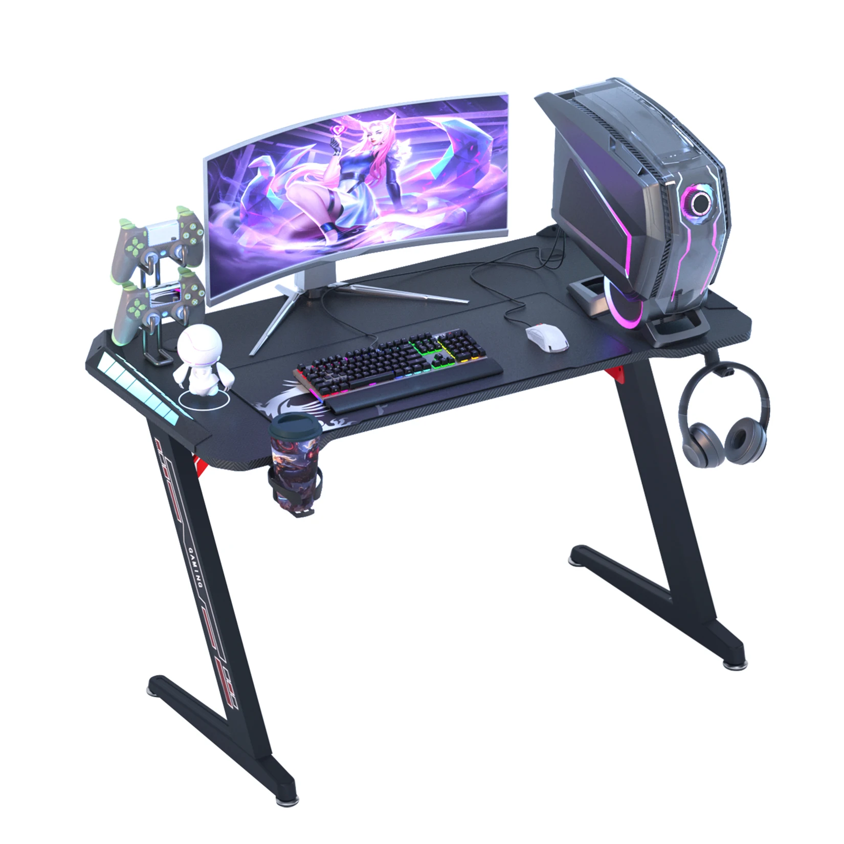 Z字型コンピューターゲームデスク,RGB LEDライト,オフィステーブル
