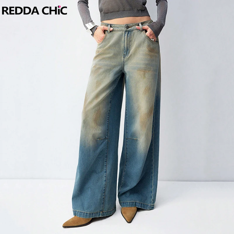 

REDDACHiC женские потертые синие джинсы-бойфренды унисекс повседневные брюки с высокой талией и широкими штанинами с эффектом омбре, джинсовые брюки Skater в стиле ретро Y2k