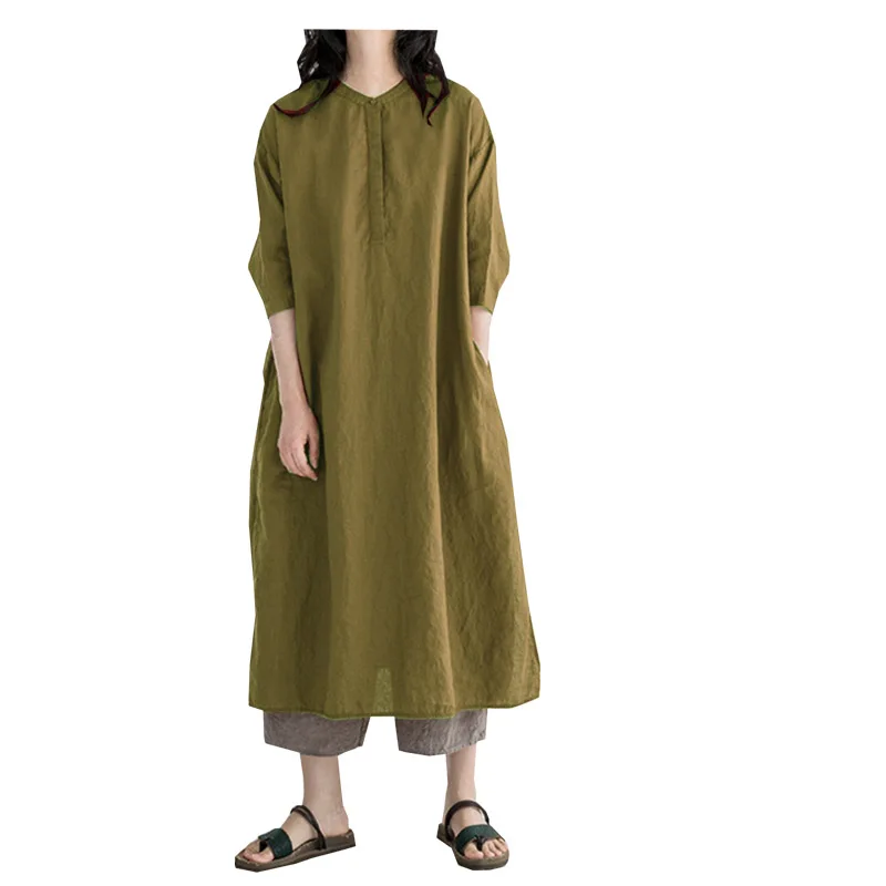 Fengbaoyu Linen Spring Summer Ladies Medium-sleeved Shirt Dress Loose Cotton Linen Skirt Leisure Comfortable and Elegant 4XL 5XL