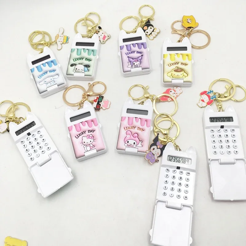 Sanrio Cute Kuromi Melody Creative Cartoon Mini Calculator Children's Keychain Student Portable Flip Calculator Christmas Gift