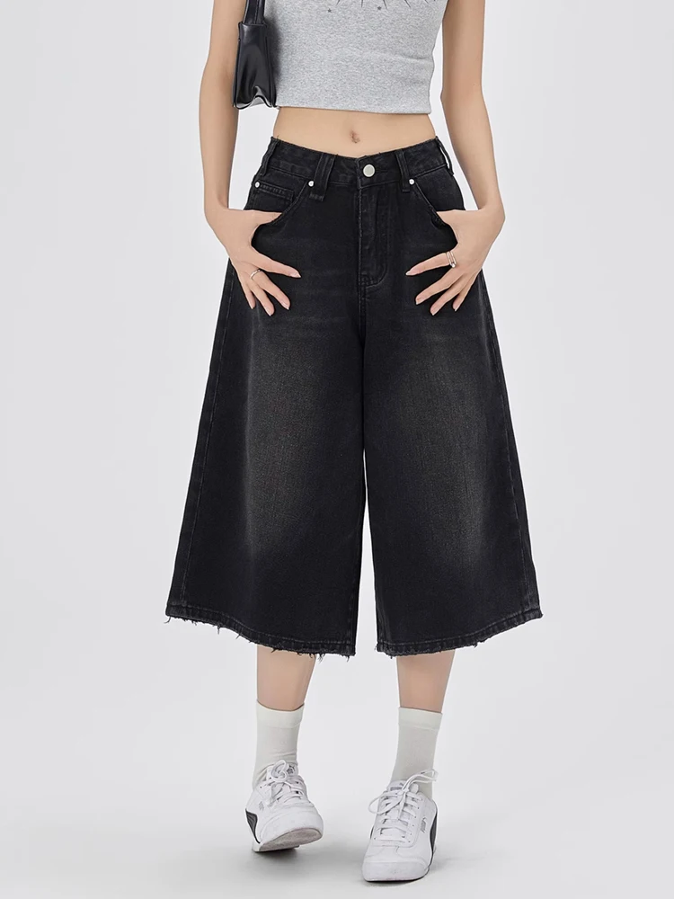 

Y2k Baggy Black Denim Shorts For Women 2024 Fashion Streetwear Retro Washed Wide Leg Capri Pants Loose Knee Length Jeans Short