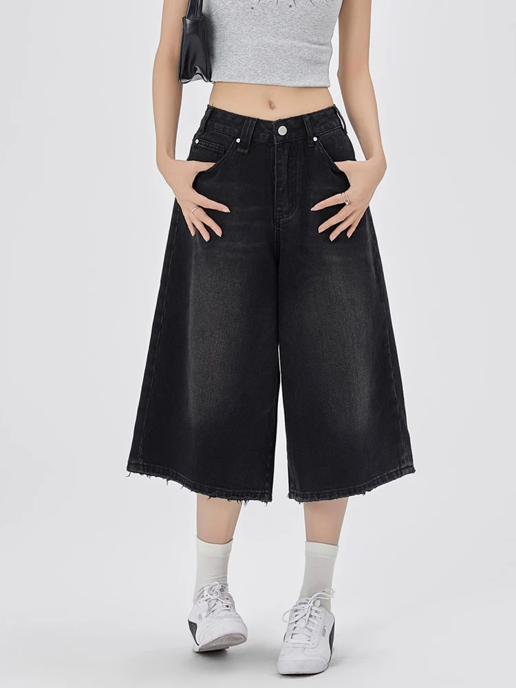 Y2k Baggy Black Denim Shorts For Women 2024 Fashion Streetwear Retro Washed Wide Leg Capri Pants Loose Knee Length Jeans Short