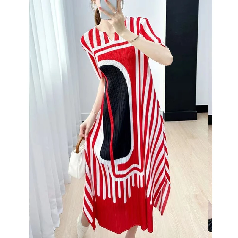 Vestido Midi de manga corta con cuello redondo para mujer, Vestidos estampados Multicolor, Vestidos elegantes plisados informales de calle alta, moda de verano