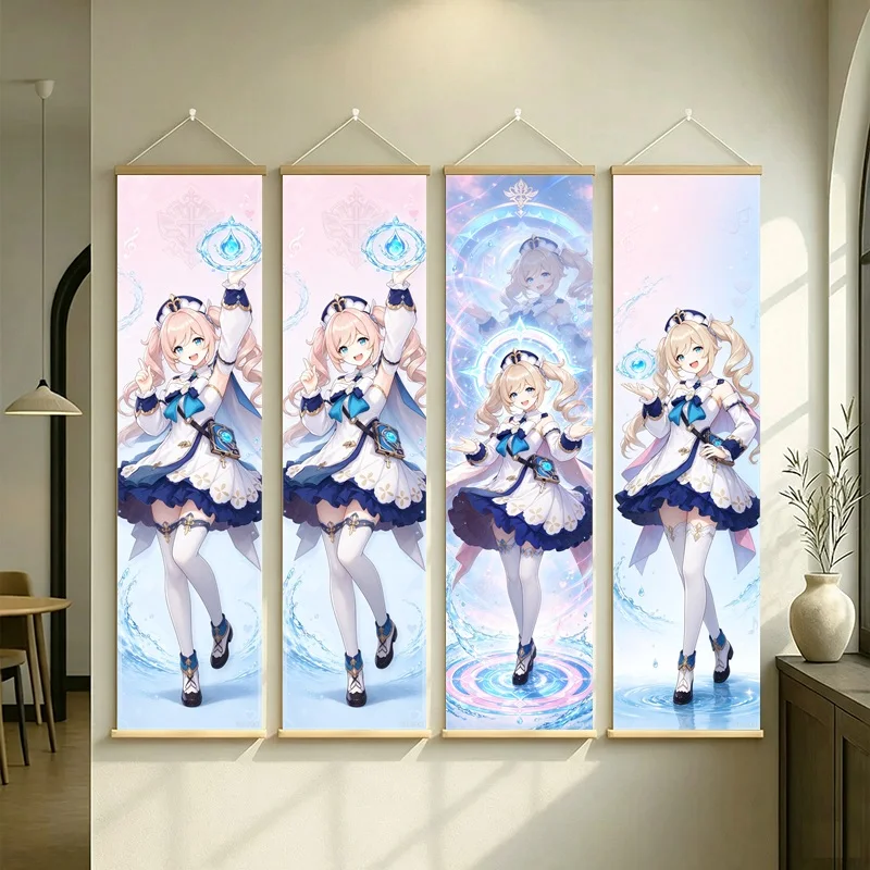 Hanging Scroll Wall Art of Genshin Impact Barbara with Pastel Blue Motifs, Silver Shimmer Canvas for an Anime Bedroom