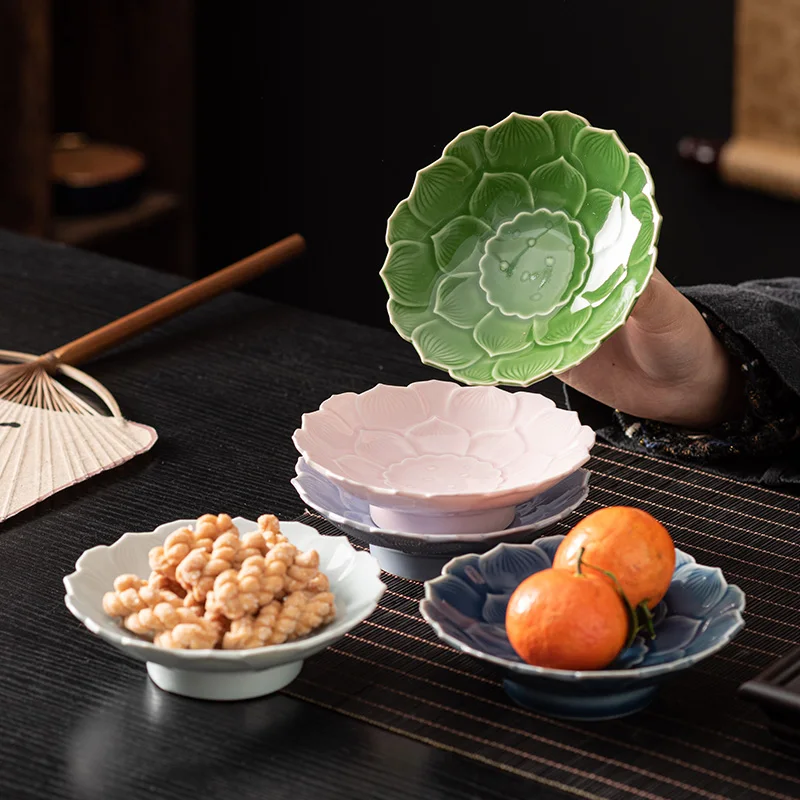 1pcs Ceramic Dessert Plate High Foot Snack Tray Chinese Style Fruit Dish for Buddha Offering Safe Material Atmosphere