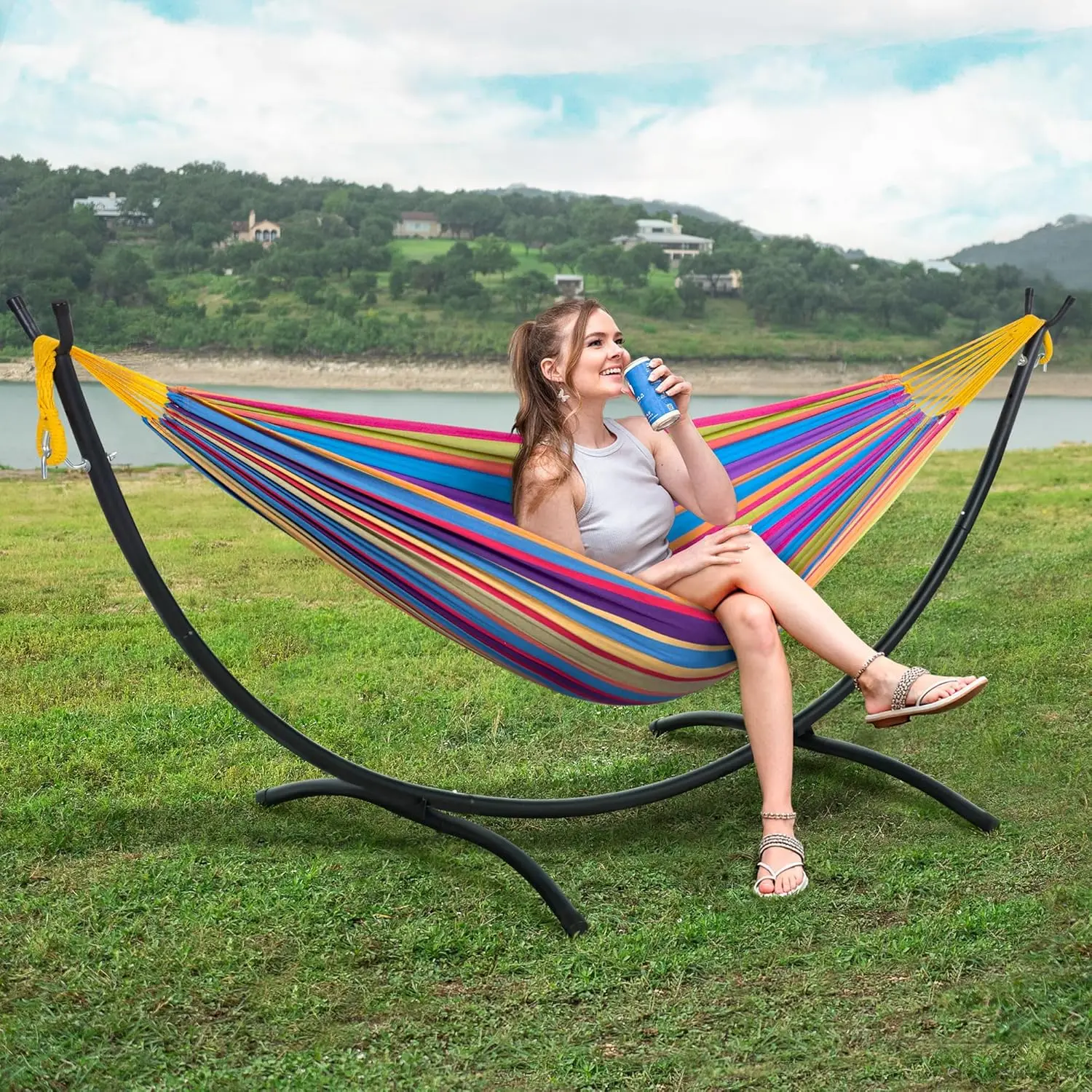 

Portable Large Hammock with Stand, Two Person Hammock with Stand Included, Rainbow Stripes