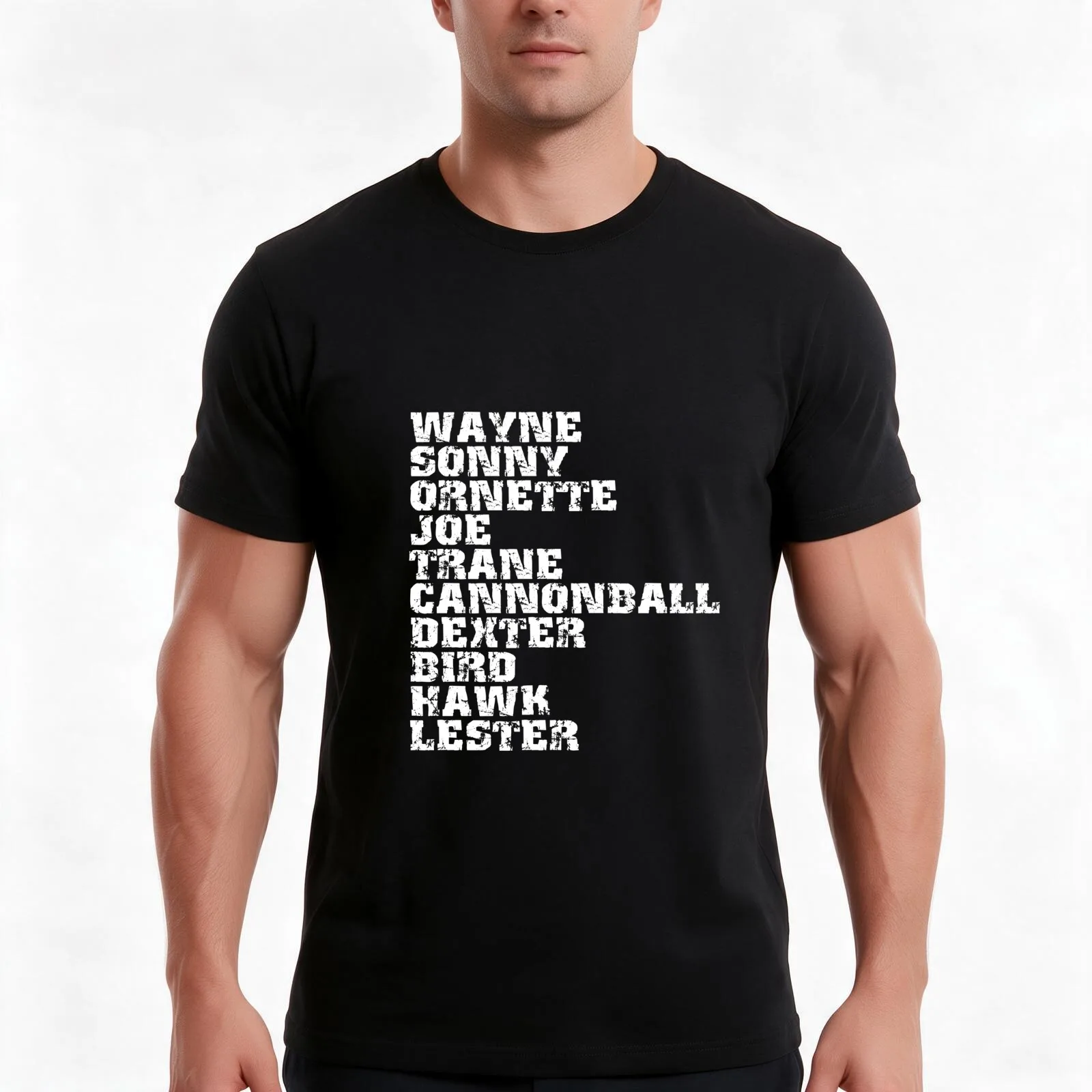 T-shirt avec la liste des saxophonistes de jazz les plus célèbres et influents, t-shirt d’été décontracté en coton, hauts amples de style streetwear, imprimé graphique vintage.