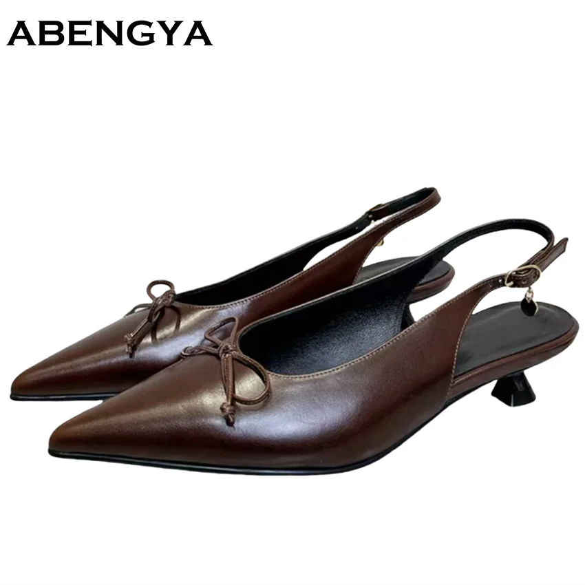 

New Bowknot Decor Pumps Kitten Heels Party Shoes For Women Real Leather Point Toe Mules Modern Rome Sandals Women 2025