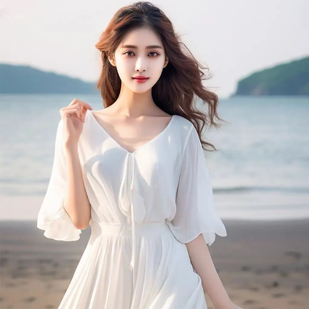 2025 New Summer Beach Dress Large Swing Chiffon Dresses Women Half Sleeve Seaside Vacation Slim Super Fairy Bohemian Long Dress