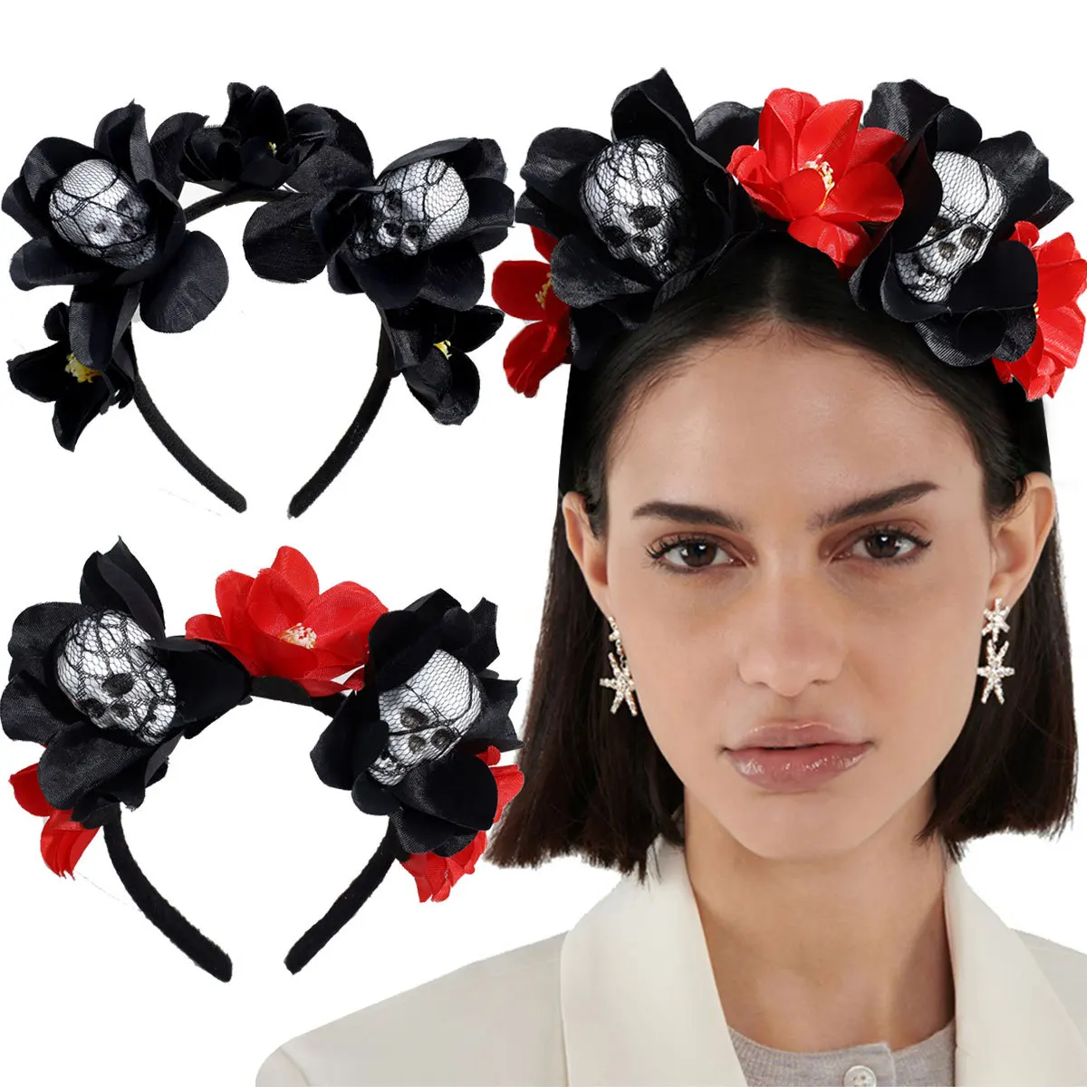 

INS new black simulation flower head buckle foam skull headgear Halloween dead ghost festival party headband
