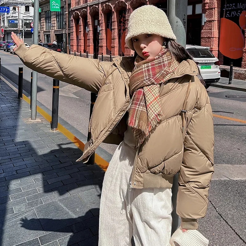 

Women Thickened Mock Neck Cotton-padded Jacket Single Breasted Pocket Casual Down Coat Winter Warm Loose Short Coat Fall