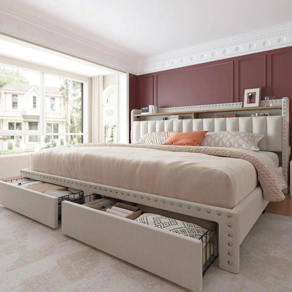 

King Size Bed Frame with Storage and Headboard with Storage with 2 Drawers, Bed Frame