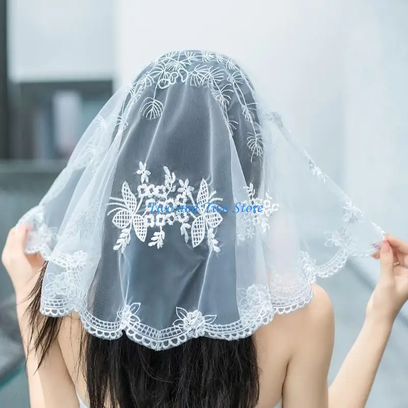 

HX6F Elegant Embroidery Bride Veil Spanish Flower Mantilla Veil for Catholic Church