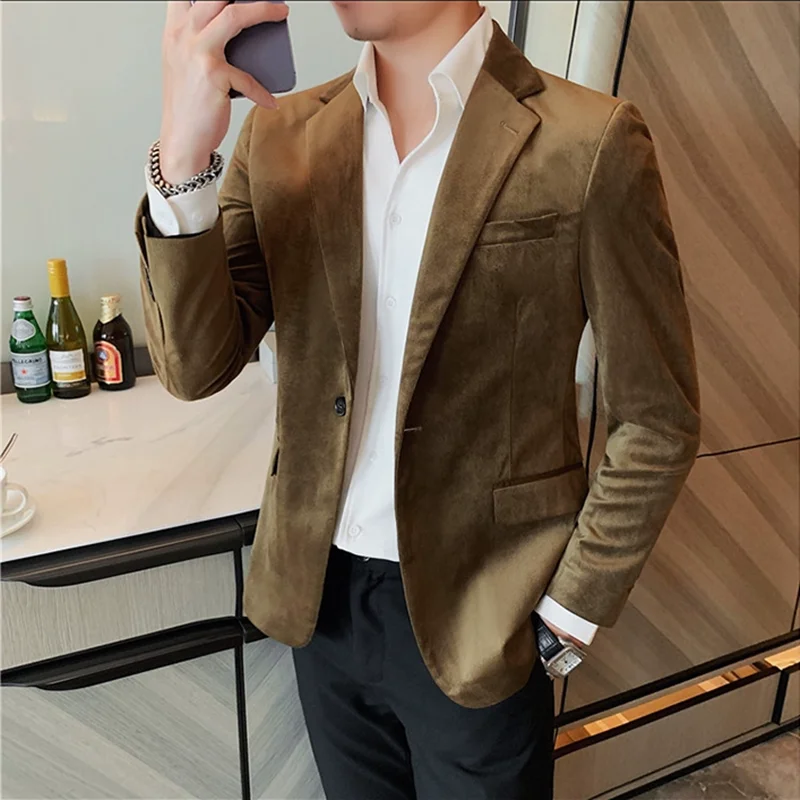 2023 Autumn Velvet Blazers Jacket Solid Color Casual Slim Fit Business Suit Coat High Quality Fashion Men Wedding Social Tuxedo