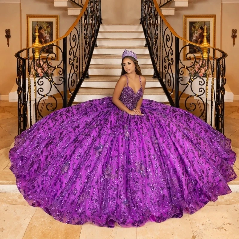 

Purple Shiny Sweetheart Ball Gown Beaded Quinceanera Dress Spaghetti Strap Princess Corset Dresses Appliques Crystal Vestidos De