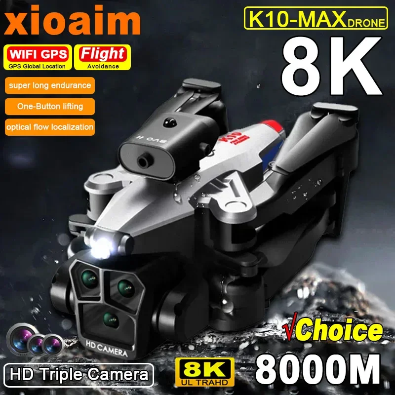 For Xiaomi K10Max Drone 8K Professinal Three Camera Wide Angle Optical Flow Localization Four-way Obstacle Avoidance RC