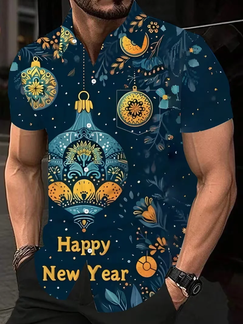 

2026 С Новым годом Гавайские рубашки Одежда для мужчин и женщин с коротким рукавом на пуговицах Пляжная рубашка Топ с 3d принтом Новогодние праздничные рубашки
